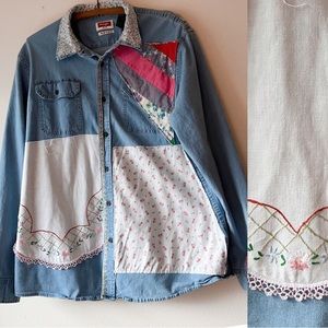 Handmade patchwork secret‎ garden vintage linens denim long sleeve shirt XL